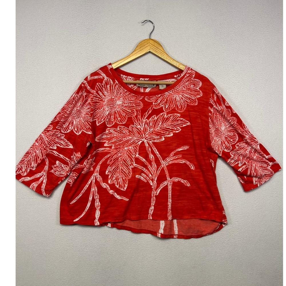 Tropical Boho Life Style Womens XL Red Floral Slub 3/4 Sleeve High-Low Top